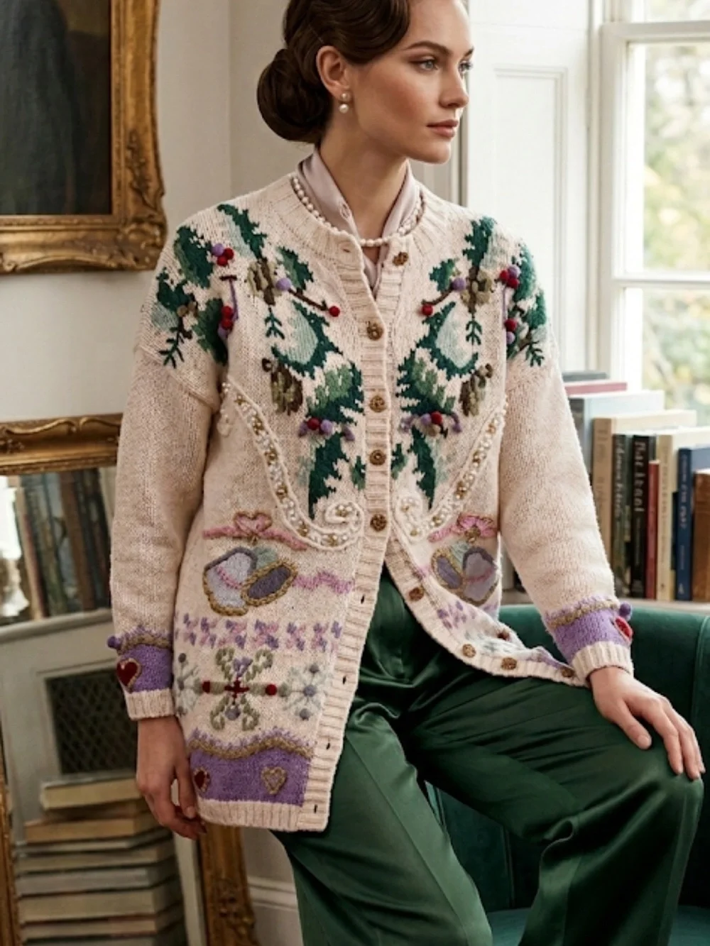 Vintage Jennifer Reed Hand Knit Christmas Grandma Cardigan Sweater‎ Women’s M